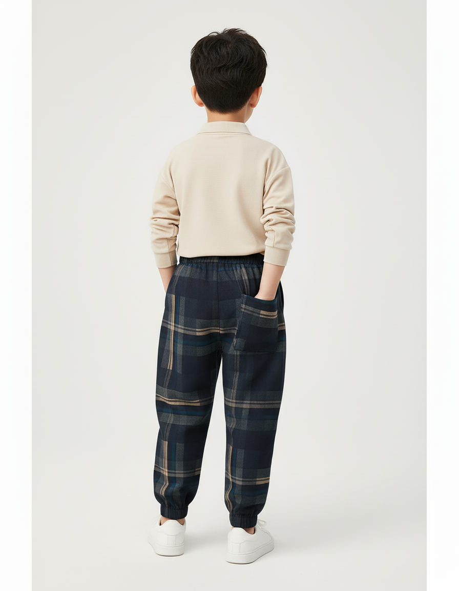 Pantalon Baggy Carreaux Épais Hiver Garçon Décontracté - Marine Tweed - vue 2