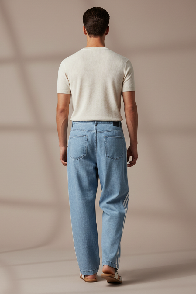 Pantalon Baggy Jean Bleu Clair Rayures Blanches Ample - vue 2