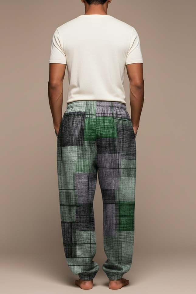 Pantalon Baggy Vert Gris Patchwork Décontracté Homme Cordon - Multicolore Molleton - vue 2