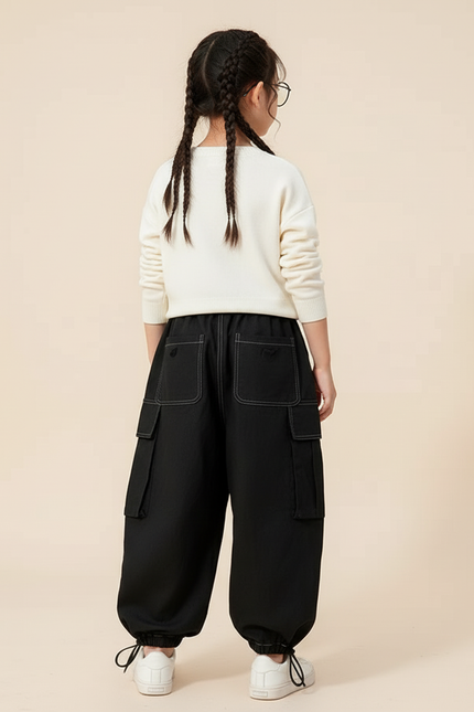 Pantalon Baggy Noir Cargo Ample Cordon Fille - Toile - vue 2