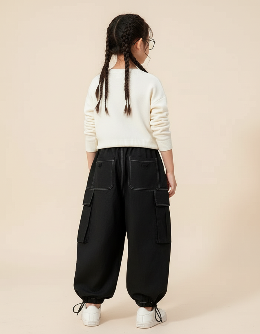 Pantalon Baggy Noir Cargo Ample Cordon Fille - Toile - vue 2