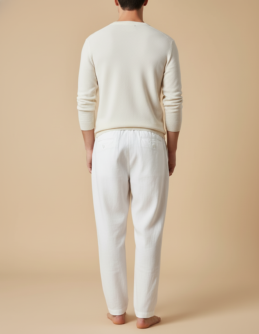 Pantalon Baggy Blanc Lin Cordon Ample Décontracté Homme - vue 2