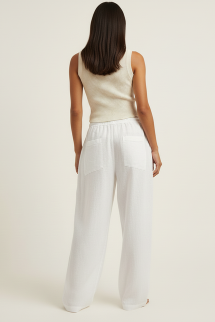 Pantalon Baggy Blanc Lin Fluide Taille Haute Décontracté - vue 2