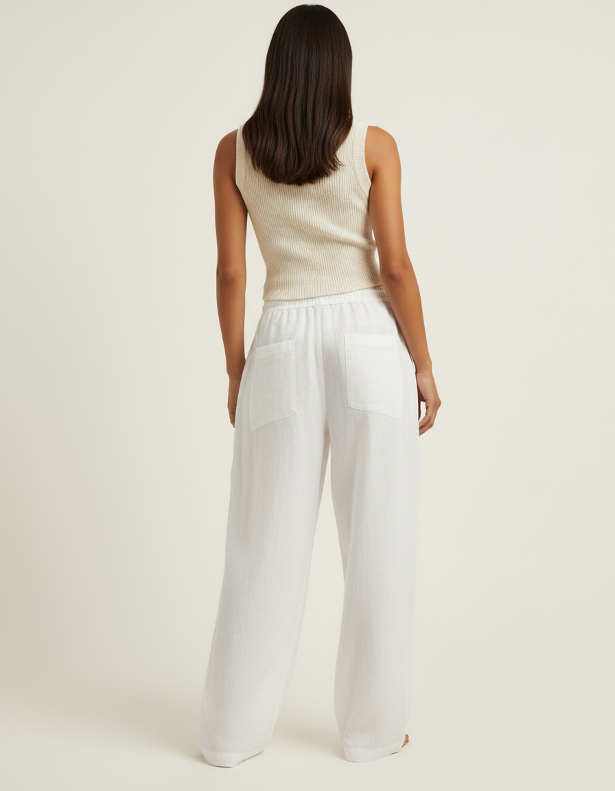 Pantalon Baggy Blanc Lin Fluide Taille Haute Décontracté - vue 2
