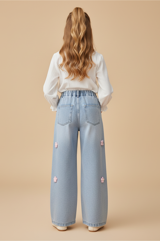 Pantalon Baggy Jean Bleu Fleurs Ample Fille - vue 2