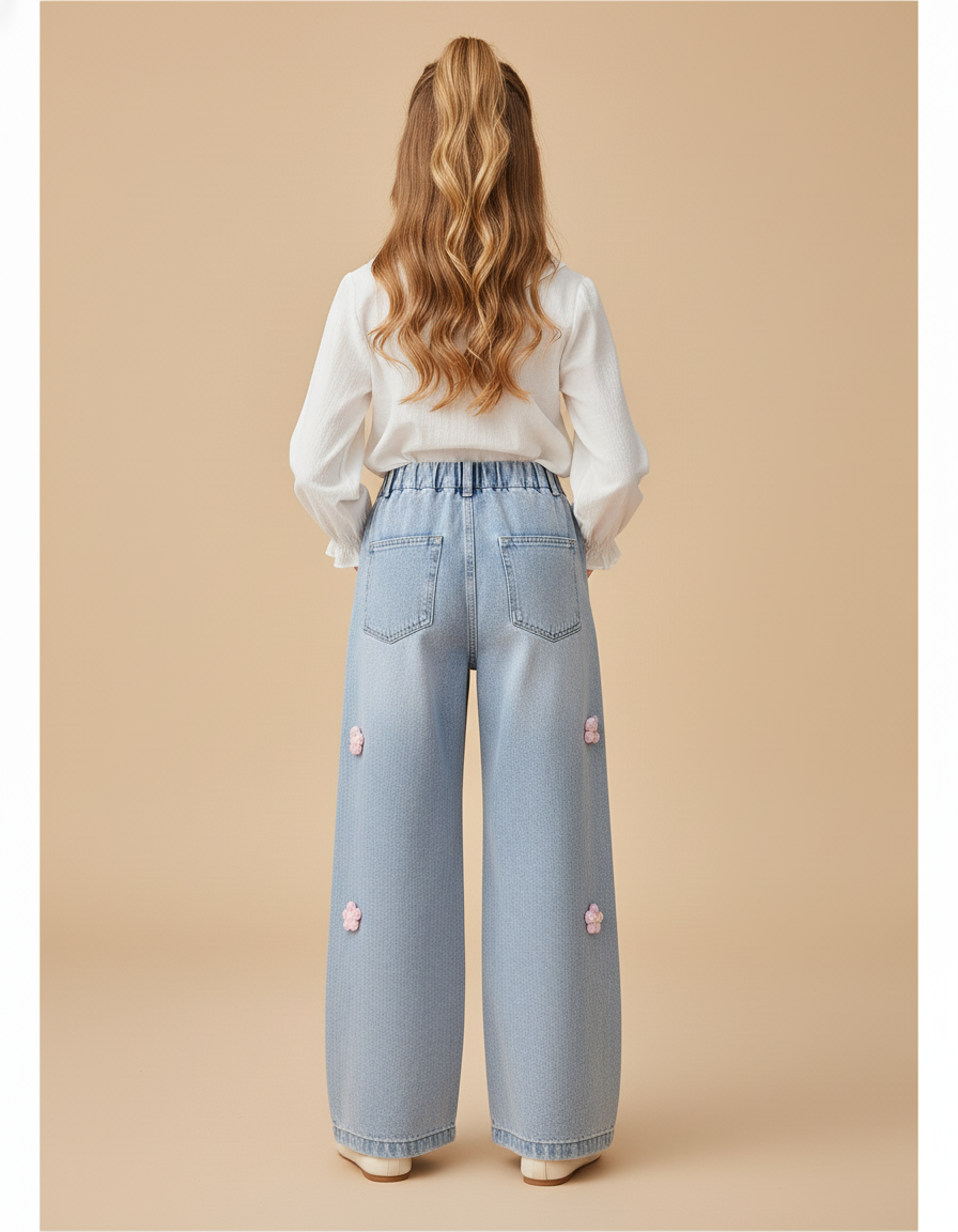 Pantalon Baggy Jean Bleu Fleurs Ample Fille - vue 2