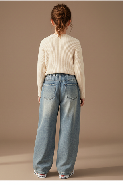 Pantalon Baggy Jean Délavé Ample Nœuds Rouges Enfant - Bleu - vue 2