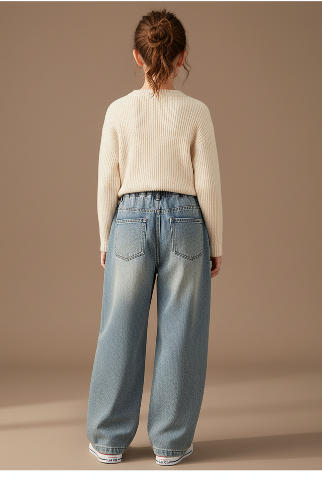 Pantalon Baggy Jean Délavé Ample Nœuds Rouges Enfant - Bleu - vue 2