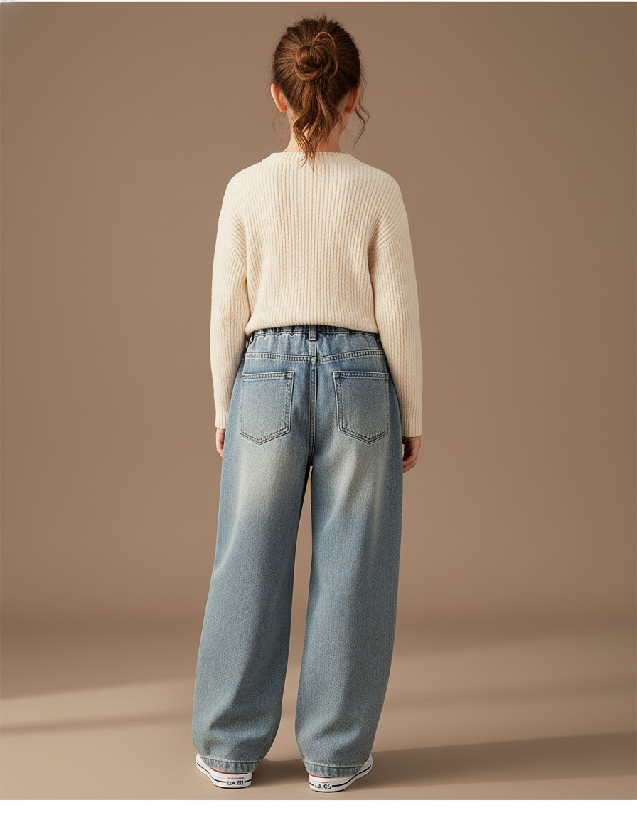 Pantalon Baggy Jean Délavé Ample Nœuds Rouges Enfant - Bleu - vue 2