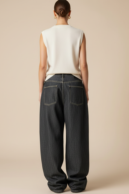 Pantalon Baggy Jean Gris Ample Ailes Brodées - vue 2