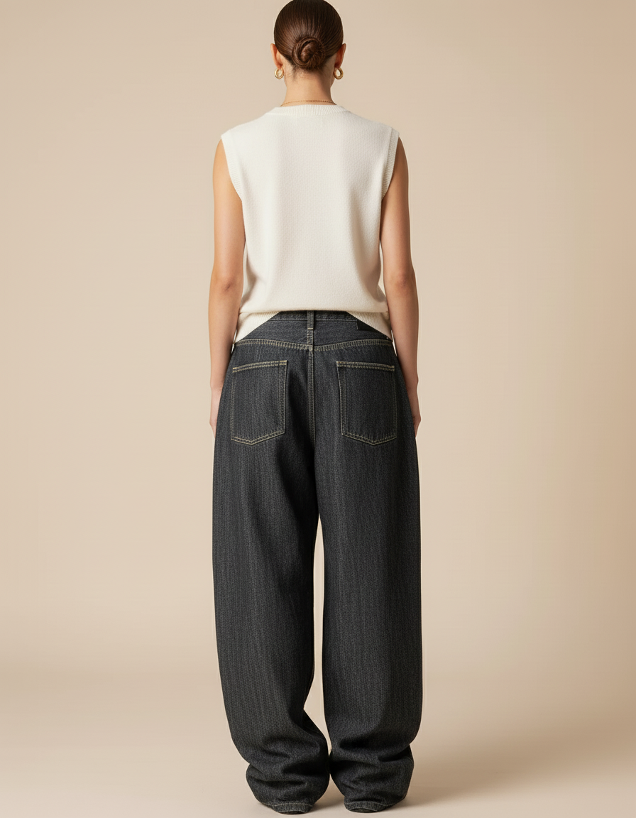 Pantalon Baggy Jean Gris Ample Ailes Brodées - vue 2