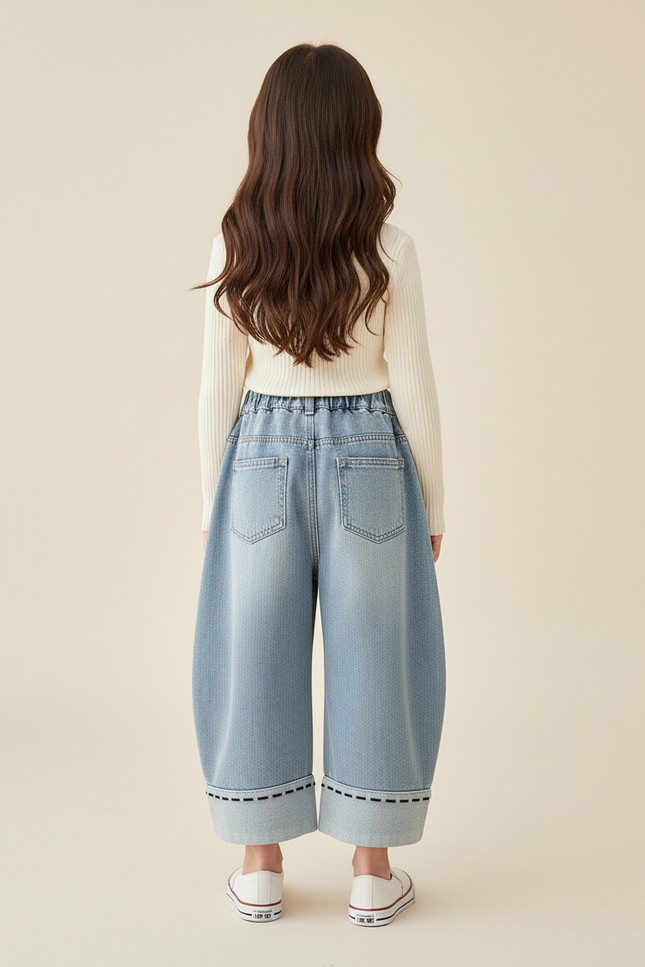 Pantalon Baggy Jean Bleu Délavé Ample Nœud Fille - vue 2