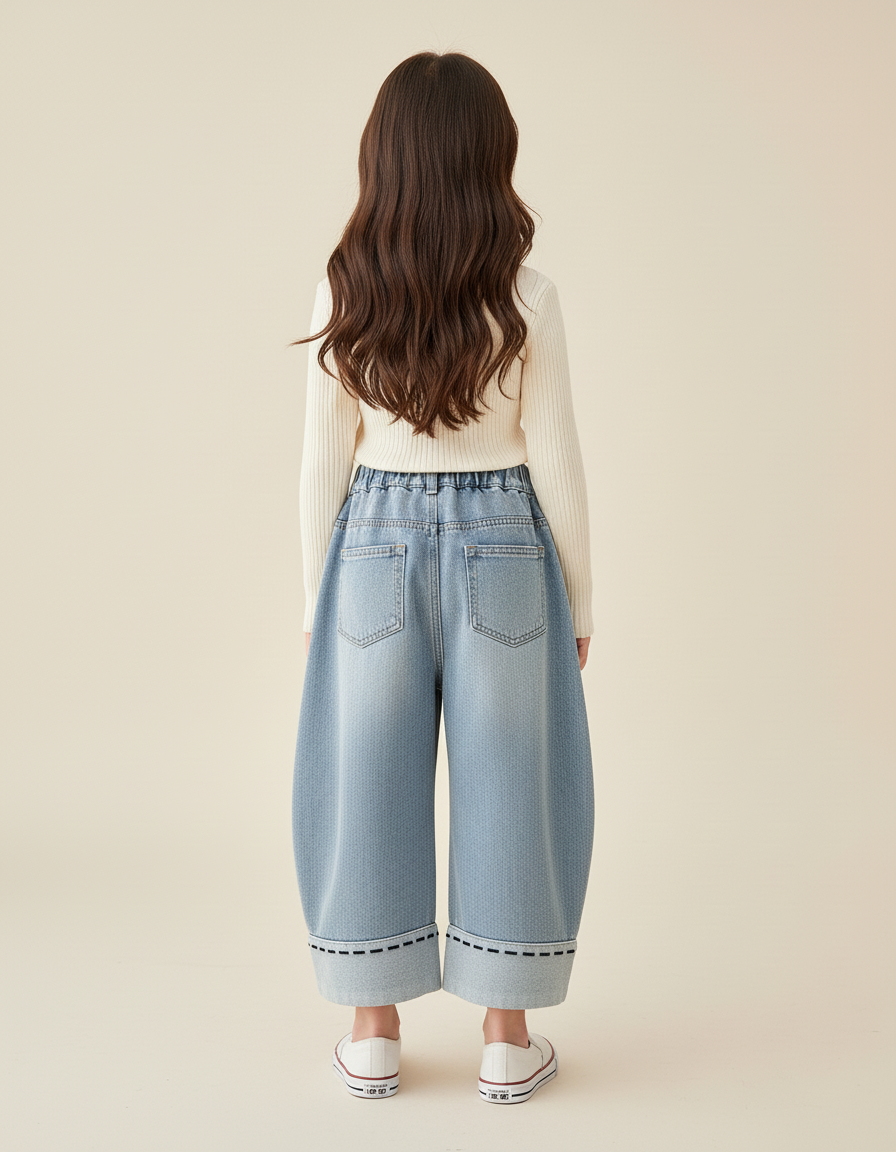 Pantalon Baggy Jean Bleu Délavé Ample Nœud Fille - vue 2