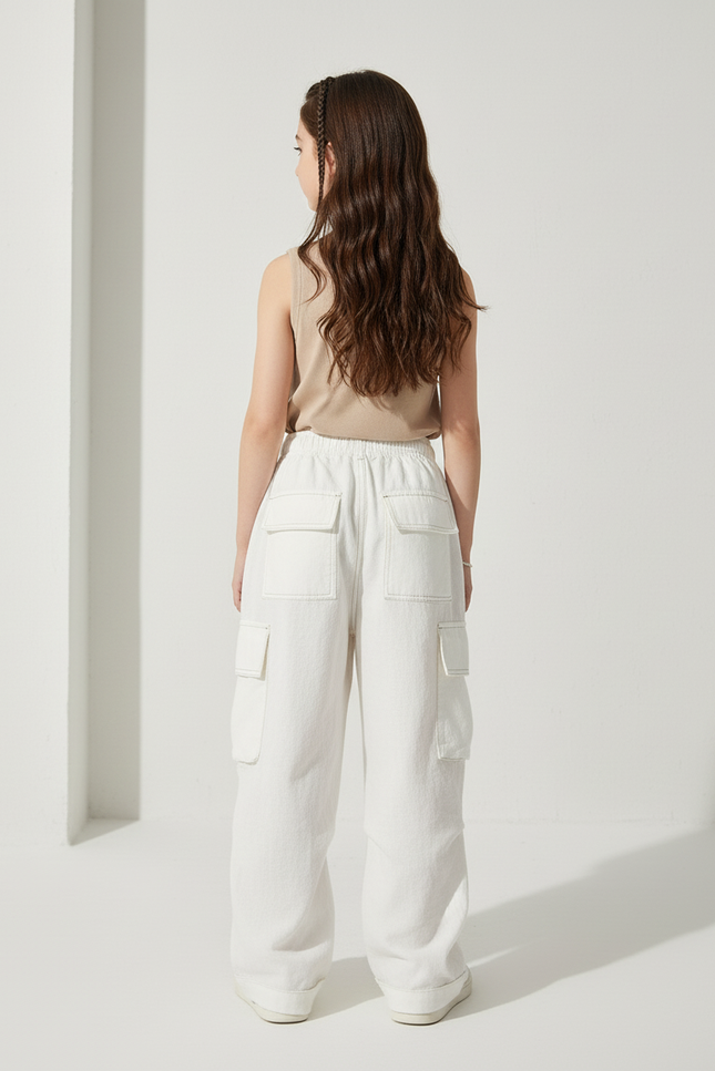 Pantalon Baggy Blanc Cargo Ample Décontracté Fille - Toile - vue 2