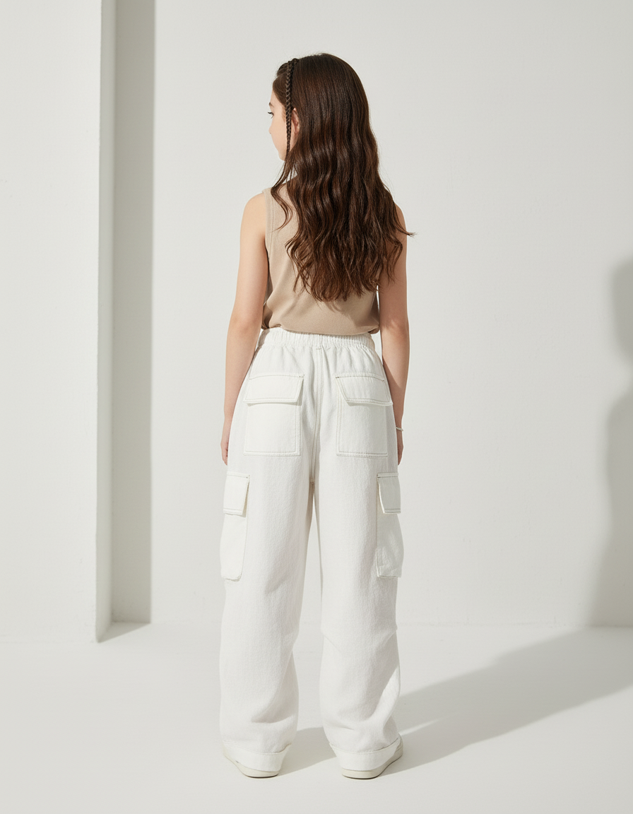 Pantalon Baggy Blanc Cargo Ample Décontracté Fille - Toile - vue 2
