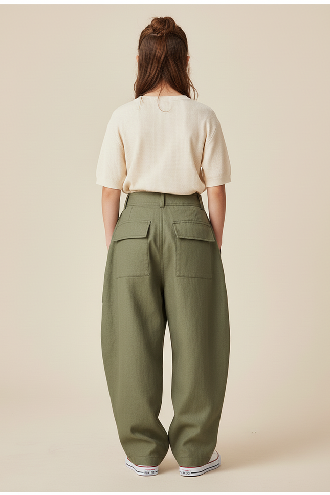 Pantalon Baggy Vert Olive Ample Cargo Plissé Enfant - Kaki Gabardine - vue 2