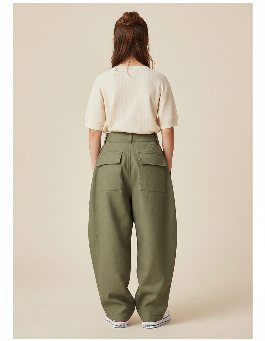 Pantalon Baggy Vert Olive Ample Cargo Plissé Enfant - Kaki Gabardine - vue 2