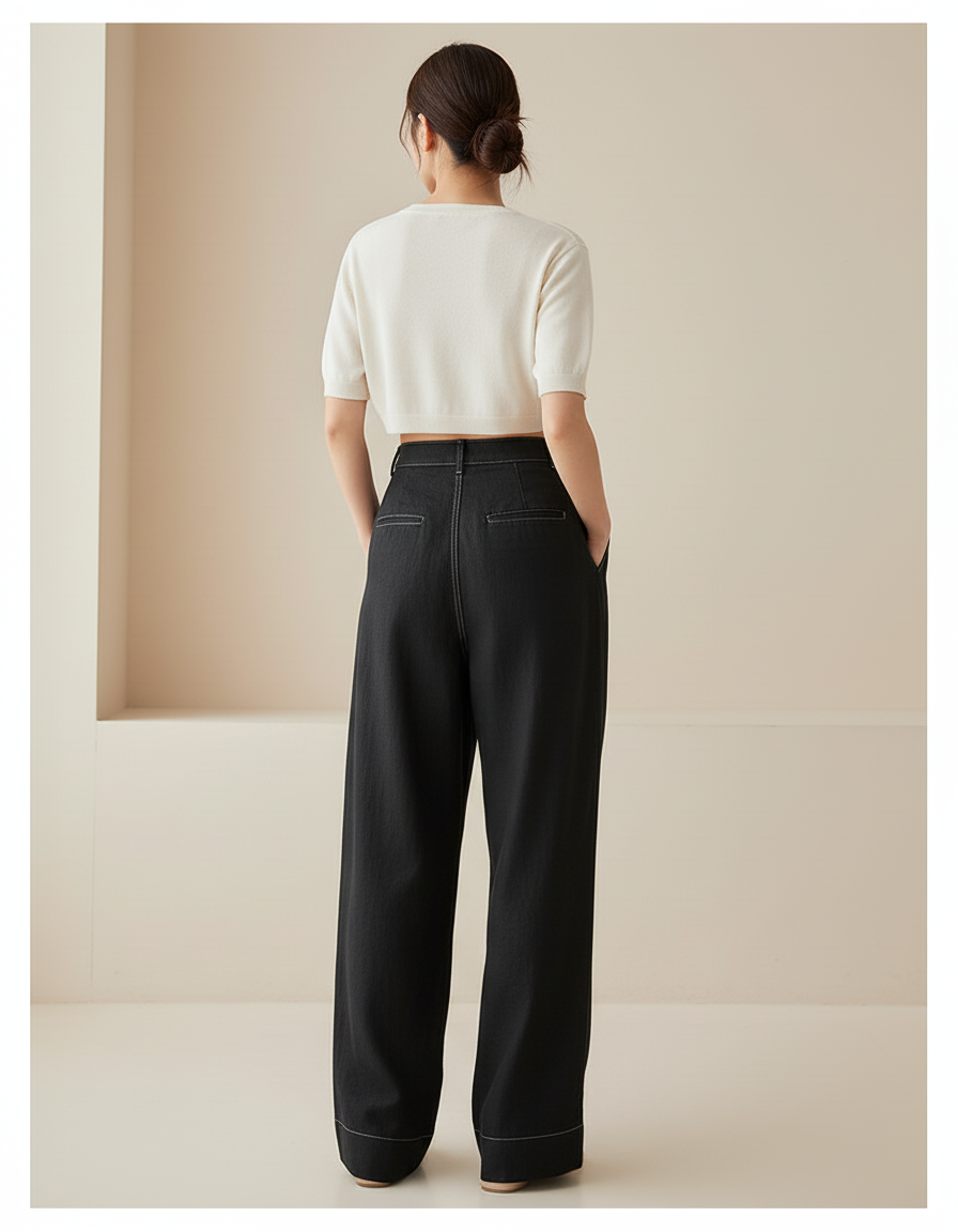 Pantalon Baggy Noir Ample Fluide Décontracté Élégant - Lin - vue 2