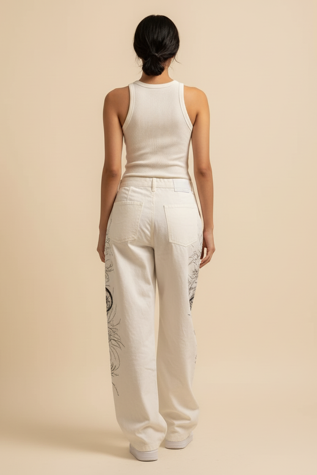 Pantalon Baggy Blanc Imprimé Dragon Ample Streetwear - Toile - vue 2