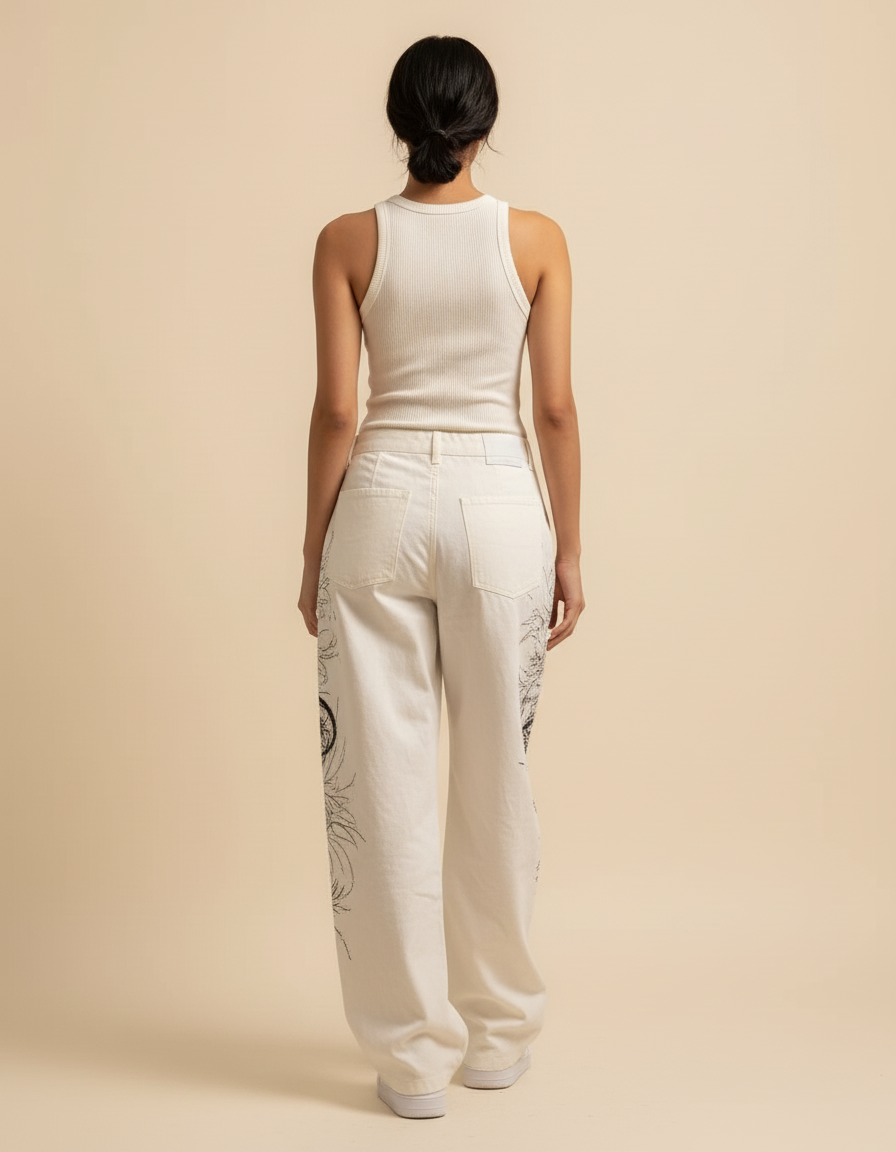 Pantalon Baggy Blanc Imprimé Dragon Ample Streetwear - Toile - vue 2