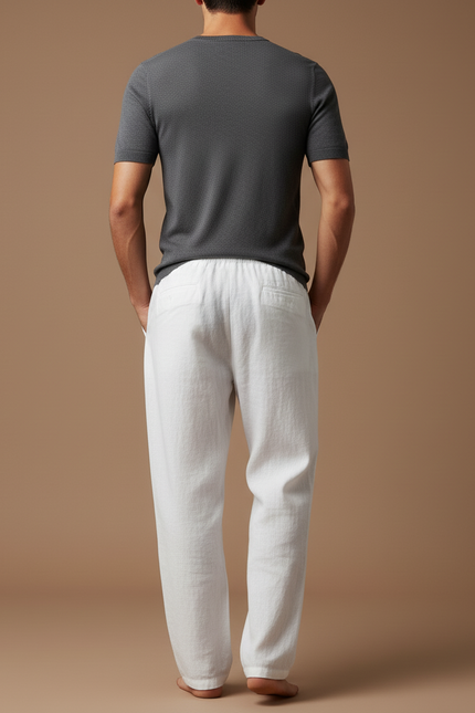 Pantalon Baggy Blanc Lin Ample Cordon Décontracté - vue 2