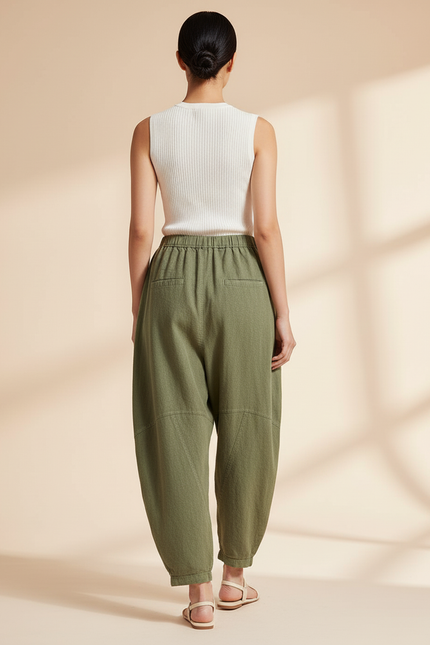 Pantalon Baggy Vert Coton Lin Ample Décontracté Femme - Kaki - vue 2