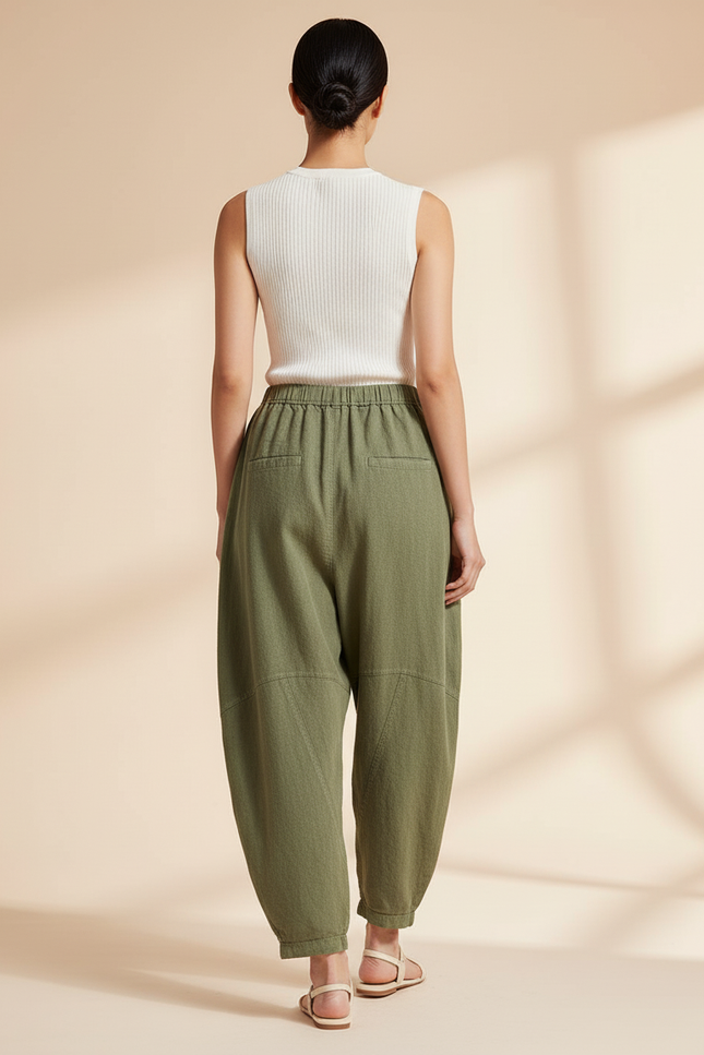 Pantalon Baggy Vert Coton Lin Ample Décontracté Femme - Kaki - vue 2
