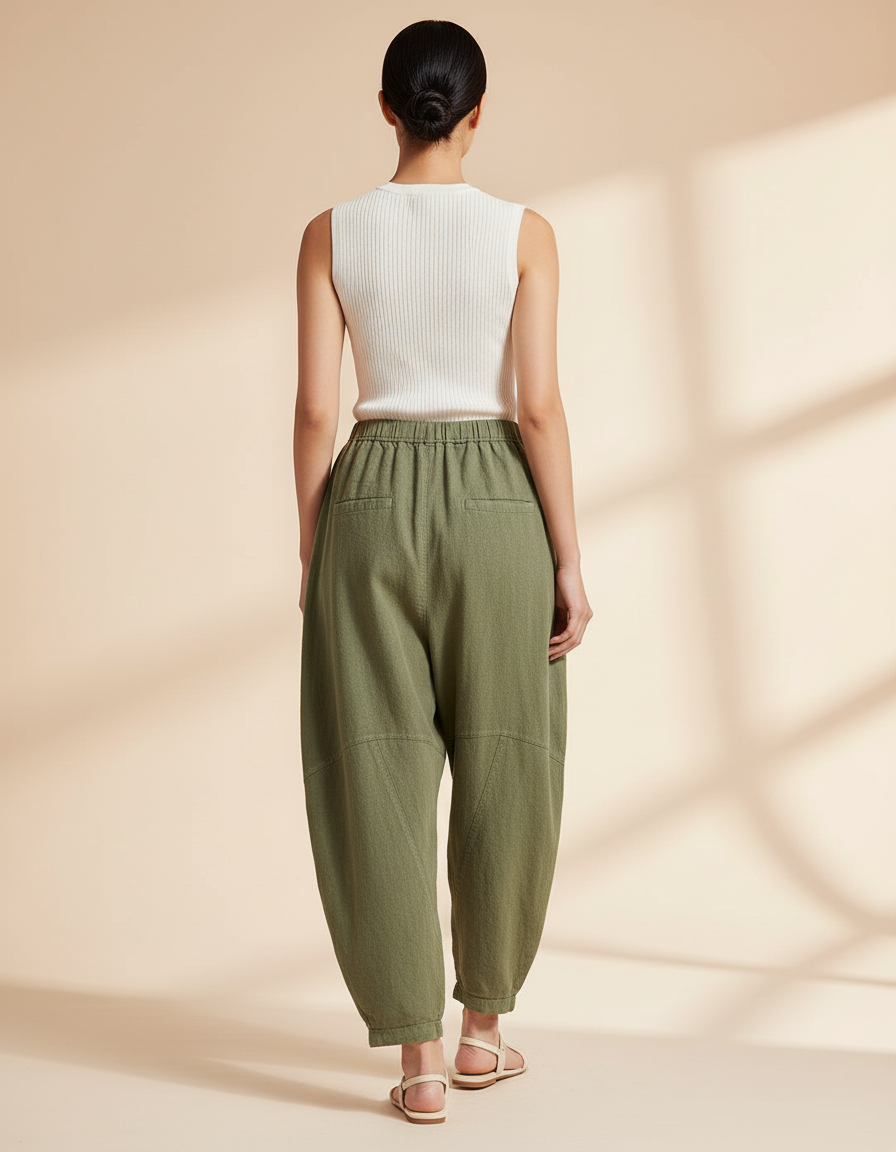 Pantalon Baggy Vert Coton Lin Ample Décontracté Femme - Kaki - vue 2