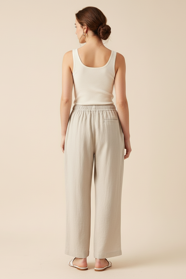 Pantalon Baggy Beige Lin Ample Décontracté Léger Fluide - vue 2