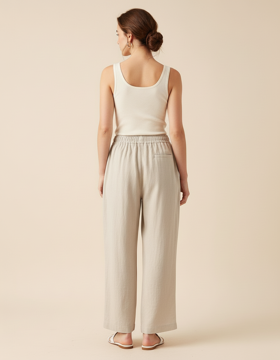 Pantalon Baggy Beige Lin Ample Décontracté Léger Fluide - vue 2
