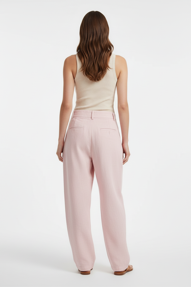 Pantalon Baggy Rose Pâle Lin Plissé Ample Décontracté - vue 2