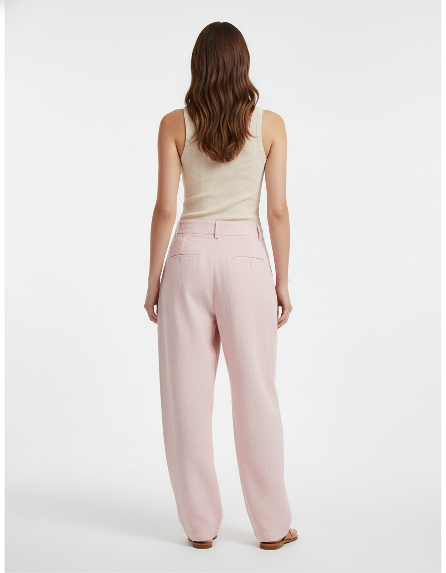 Pantalon Baggy Rose Pâle Lin Plissé Ample Décontracté - vue 2