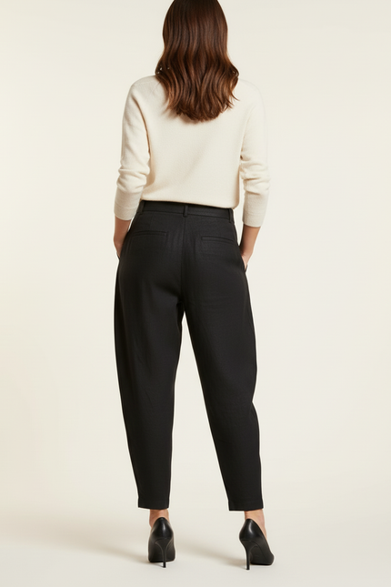 Pantalon Baggy Noir Lin Plissé Ample Décontracté - vue 2