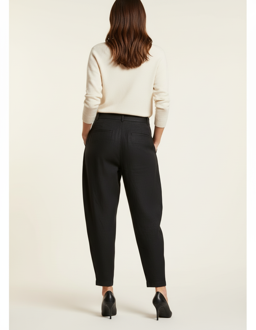 Pantalon Baggy Noir Lin Plissé Ample Décontracté - vue 2