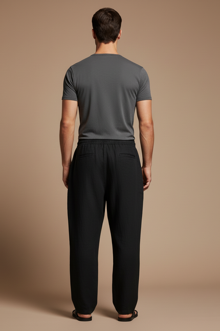 Pantalon Baggy Noir Lin Ample Cordon Décontracté - vue 2