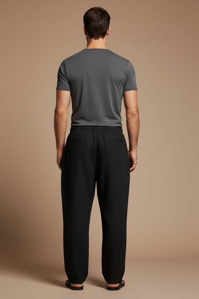 Pantalon Baggy Noir Lin Ample Cordon Décontracté - vue 2