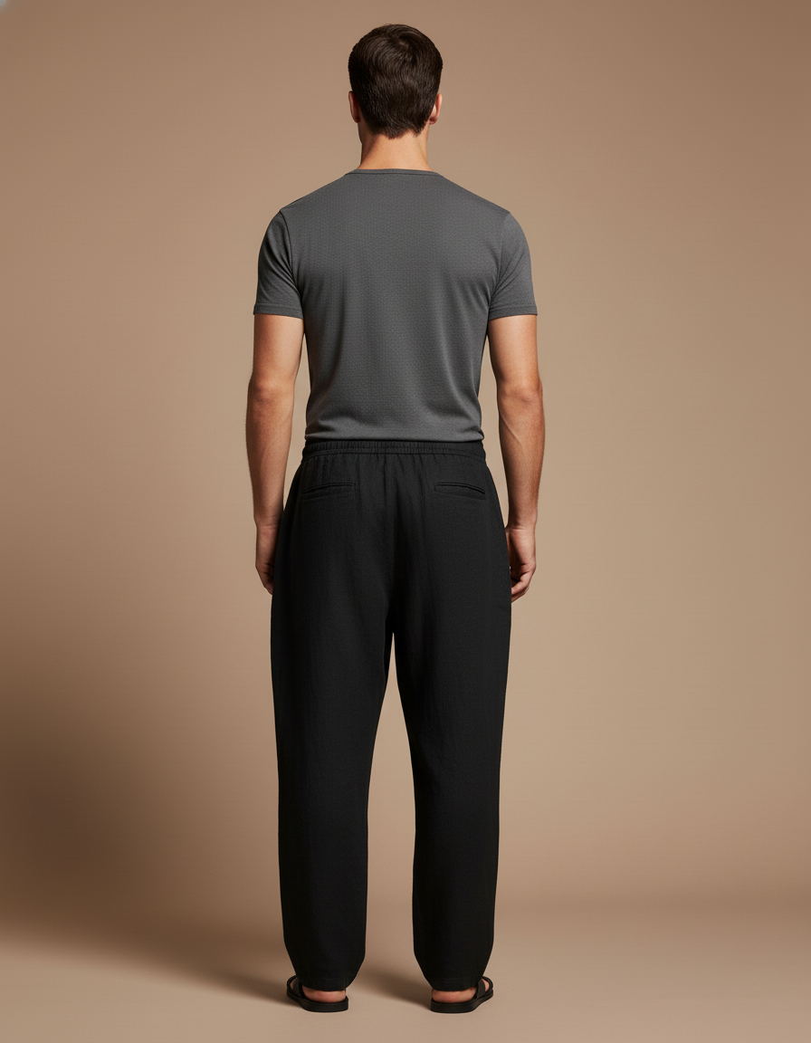 Pantalon Baggy Noir Lin Ample Cordon Décontracté - vue 2