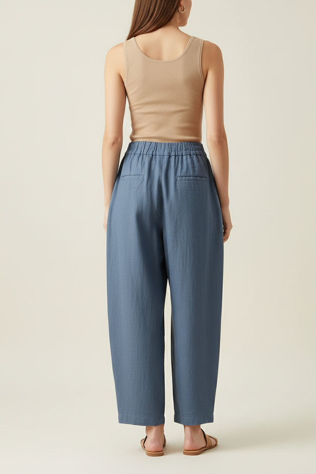Pantalon Baggy Bleu Lin Ample Plissé Décontracté - vue 2