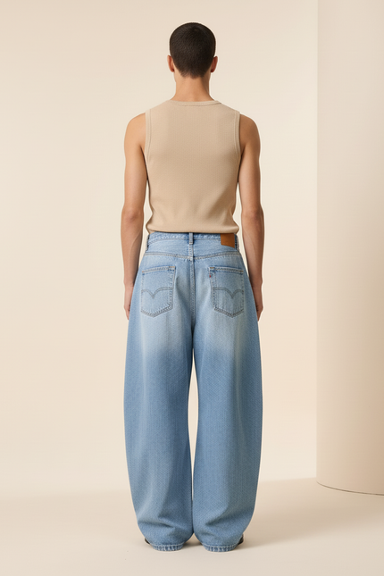 Pantalon Baggy Bleu Jean Ample Délavé Unisexe Streetwear - vue 2