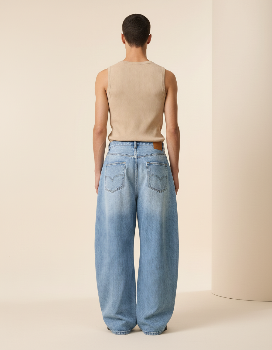 Pantalon Baggy Bleu Jean Ample Délavé Unisexe Streetwear - vue 2