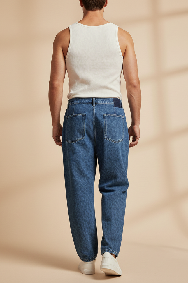 Pantalon Baggy Bleu Jean Plissé Ample Décontracté Homme - vue 2