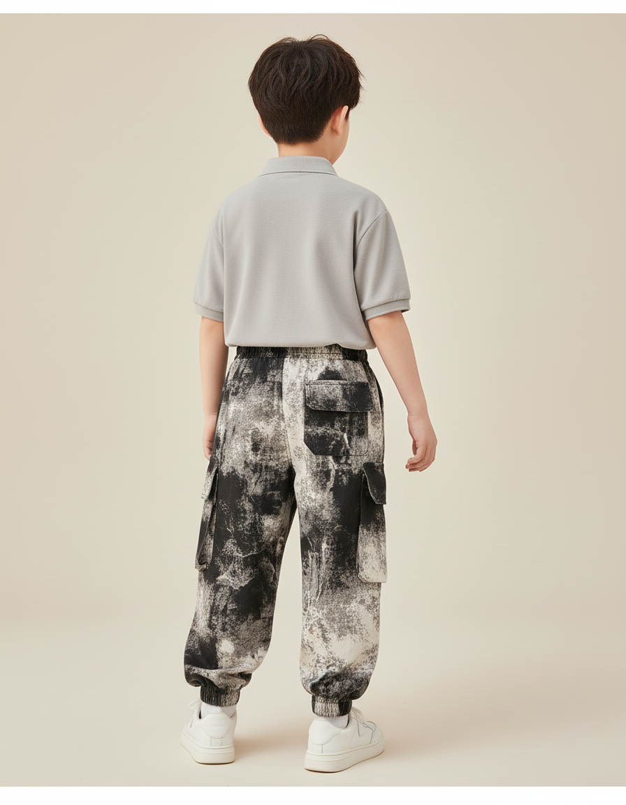 Pantalon Baggy Imprimé Tie-Dye Noir Blanc Cargo - Toile - vue 2
