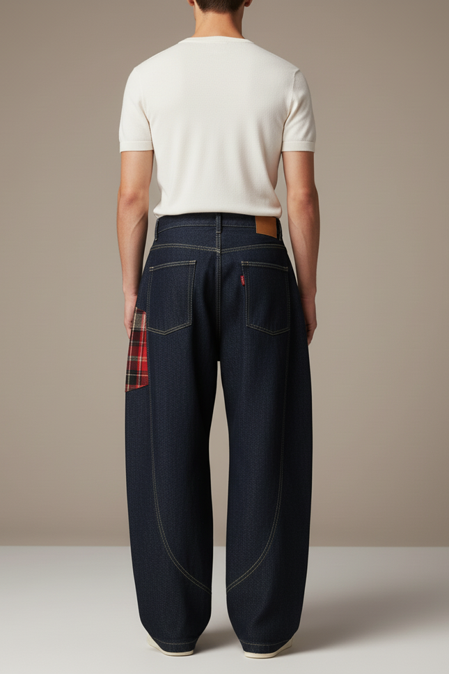 Pantalon Baggy Denim Large Plaid Décontracté Homme - Marine Jean - vue 2