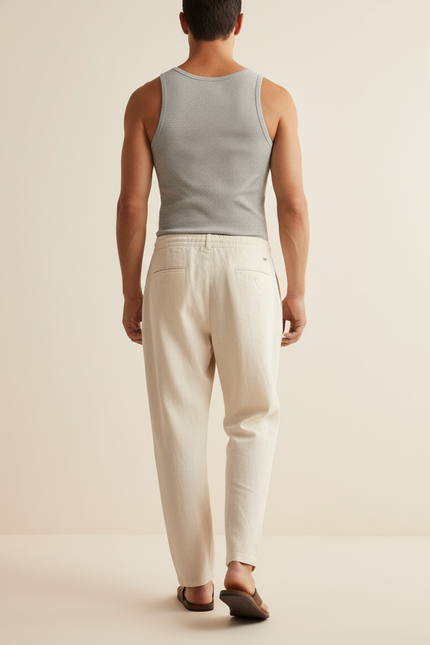 Pantalon Baggy Crème Lin Ample Cordon Décontracté - Beige - vue 2