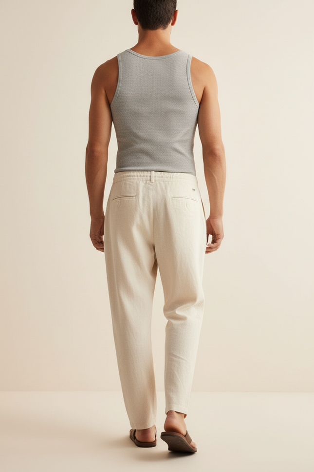 Pantalon Baggy Crème Lin Ample Cordon Décontracté - Beige - vue 2
