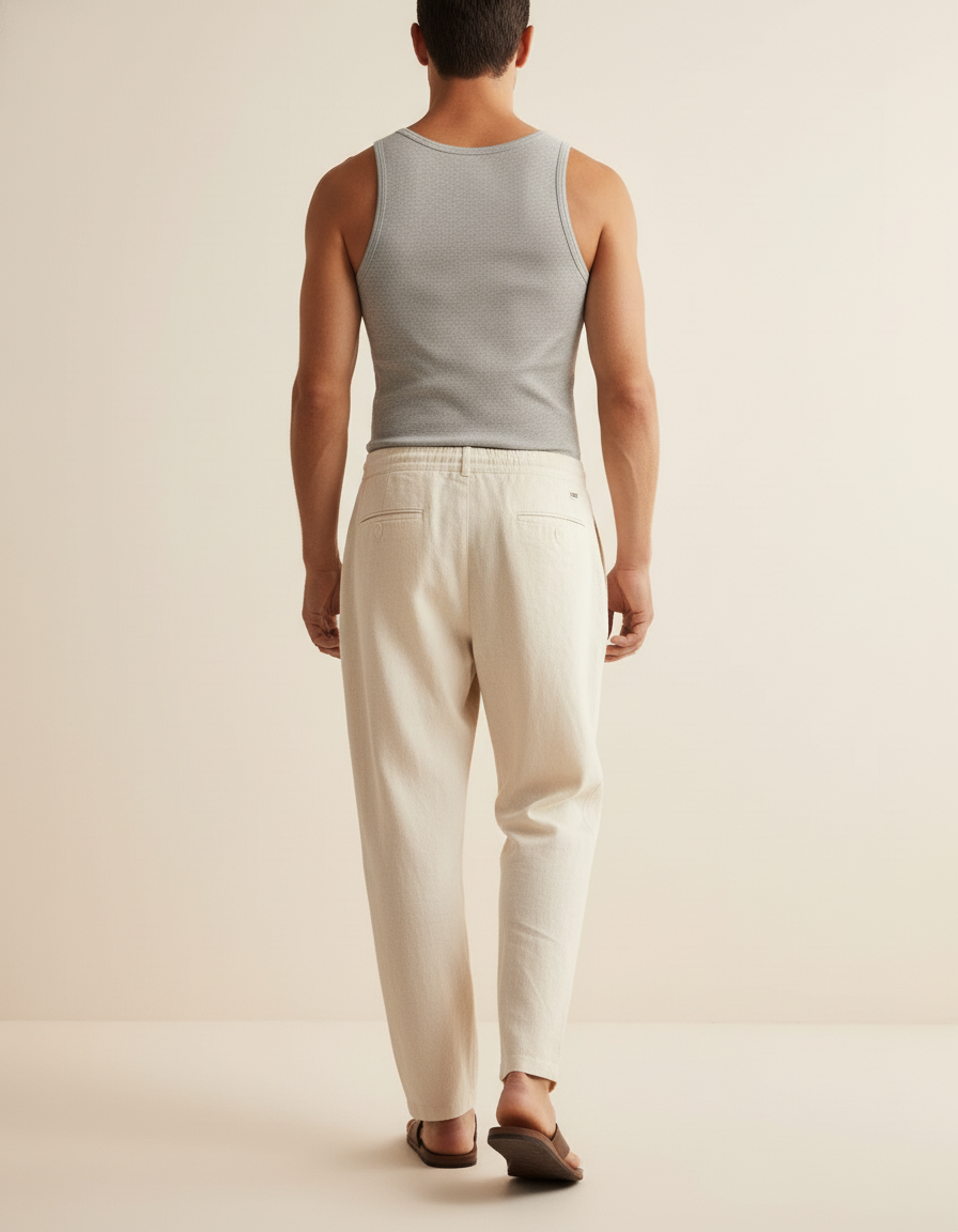 Pantalon Baggy Crème Lin Ample Cordon Décontracté - Beige - vue 2