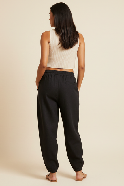 Pantalon Baggy Noir Ample Cordon Imprimé Décontracté - Molleton - vue 2