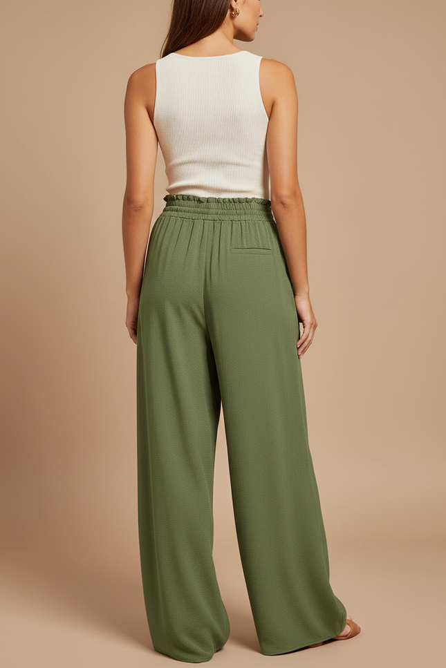 Pantalon Baggy Vert Olive Fluide Ample Taille Haute - Kaki Viscose - vue 2