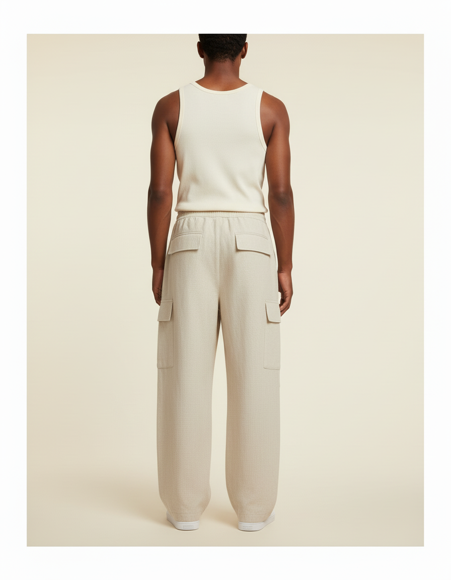 Pantalon Baggy Beige Lin Cargo Ample Décontracté Homme - vue 2