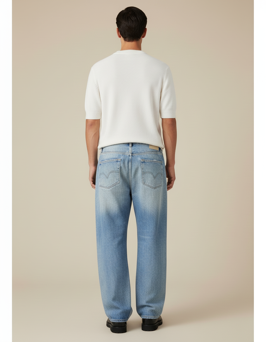 Pantalon Baggy Jean Bleu Délavé Chaînes Imprimé Homme - vue 2